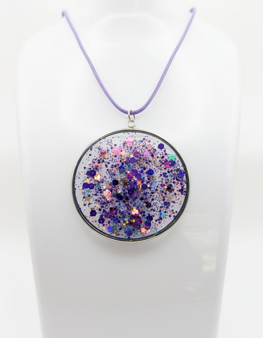 Multidimensional Purple Glitter Resin Pendant on Purple Nylon Cord