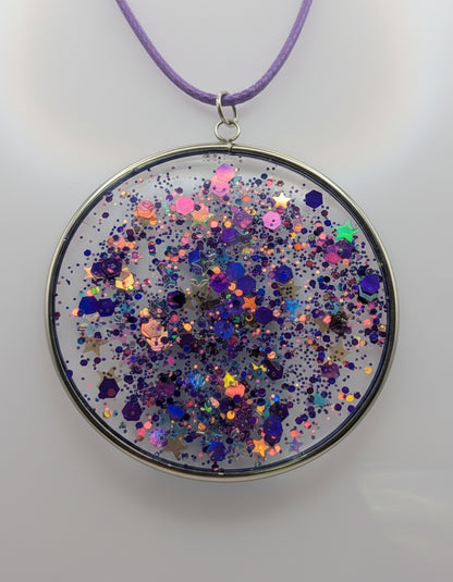 Multidimensional Purple Glitter Resin Pendant on Purple Nylon Cord