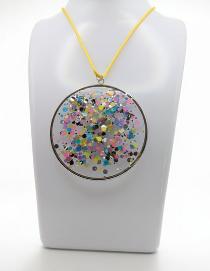 Multidimensional Neon Glitter Resin Pendant on Yellow Nylon Cord