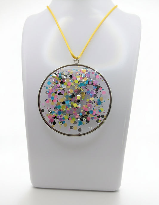 Multidimensional Neon Glitter Resin Pendant on Yellow Nylon Cord