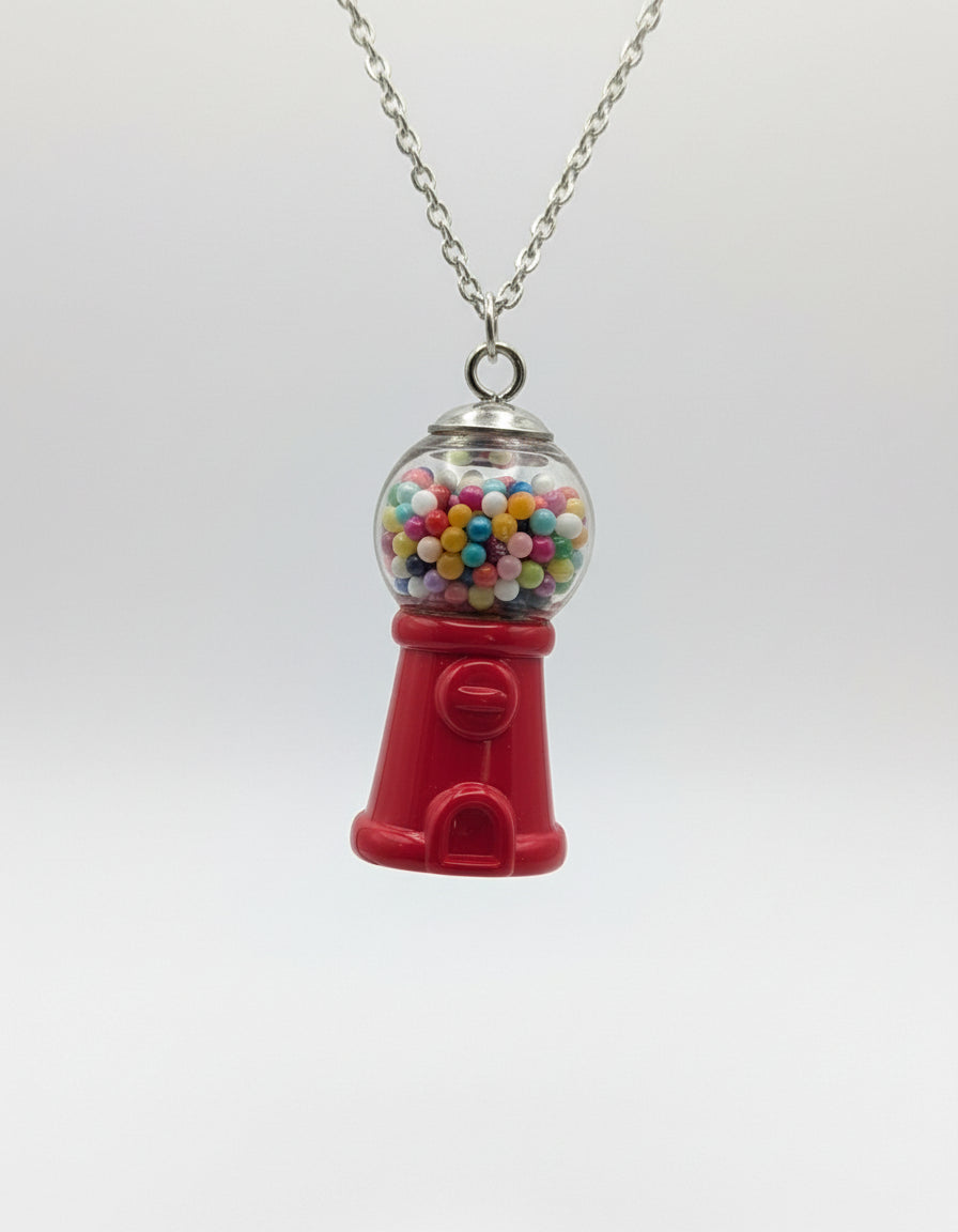 Retro Red Gumball Machine Necklace on Stainless Steel Chain