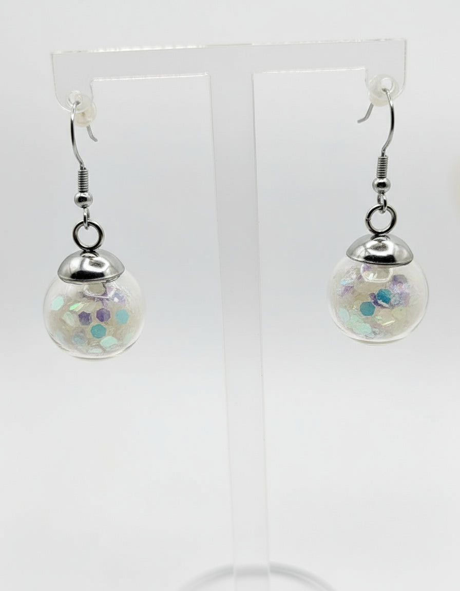 Glow In The Dark Small White Glitter Globe Earrings