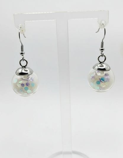 Glow In The Dark Small White Glitter Globe Earrings