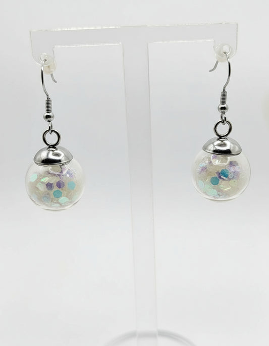 Glow In The Dark Small White Glitter Globe Earrings