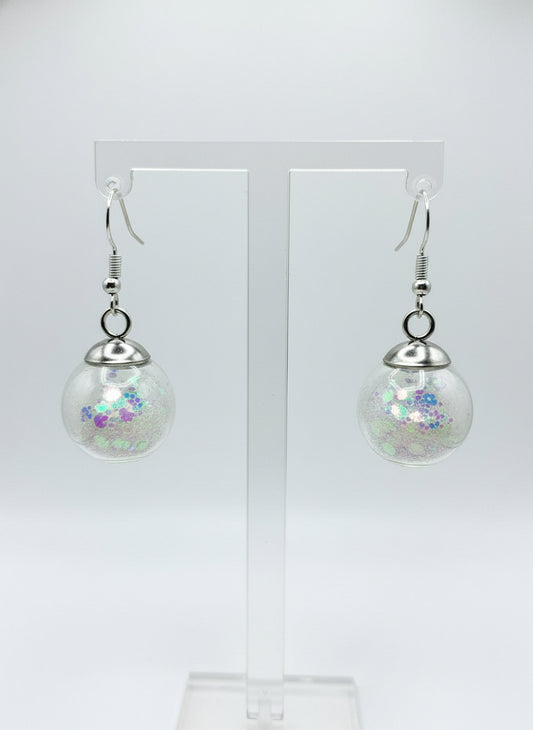 Glow In The Dark Large White Glitter Globe Earrings