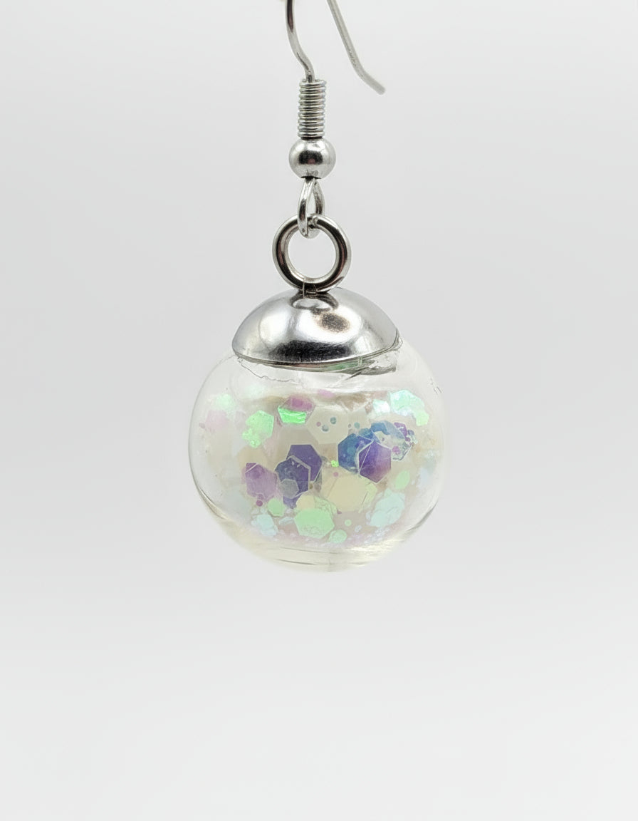 Glow In The Dark Small White Glitter Globe Earrings