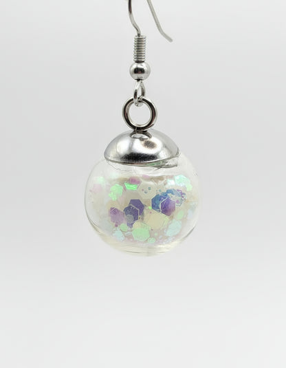 Glow In The Dark Small White Glitter Globe Earrings