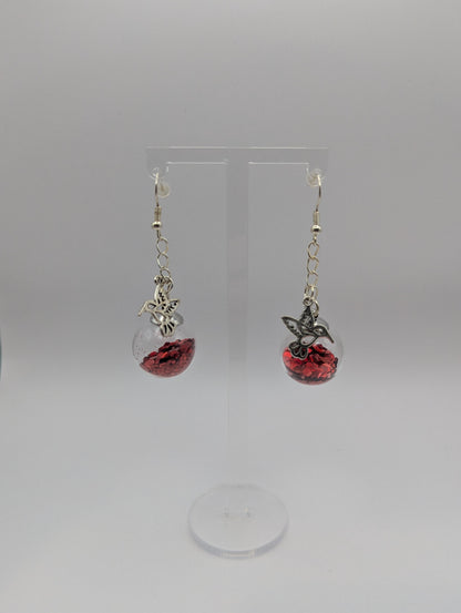 Hummingbird and Red Feeder Glitter Globe Earrings