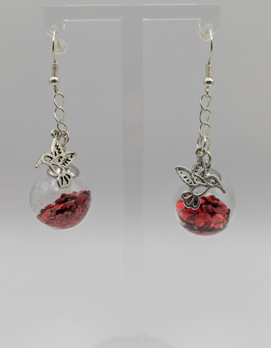 Hummingbird and Red Feeder Glitter Globe Earrings