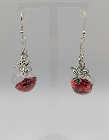 Hummingbird and Red Feeder Glitter Globe Earrings