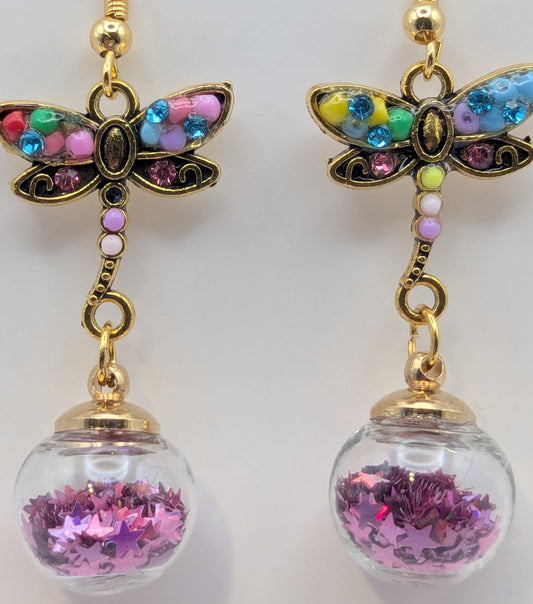 Purple Dragonfly & Glitter Globe Earrings