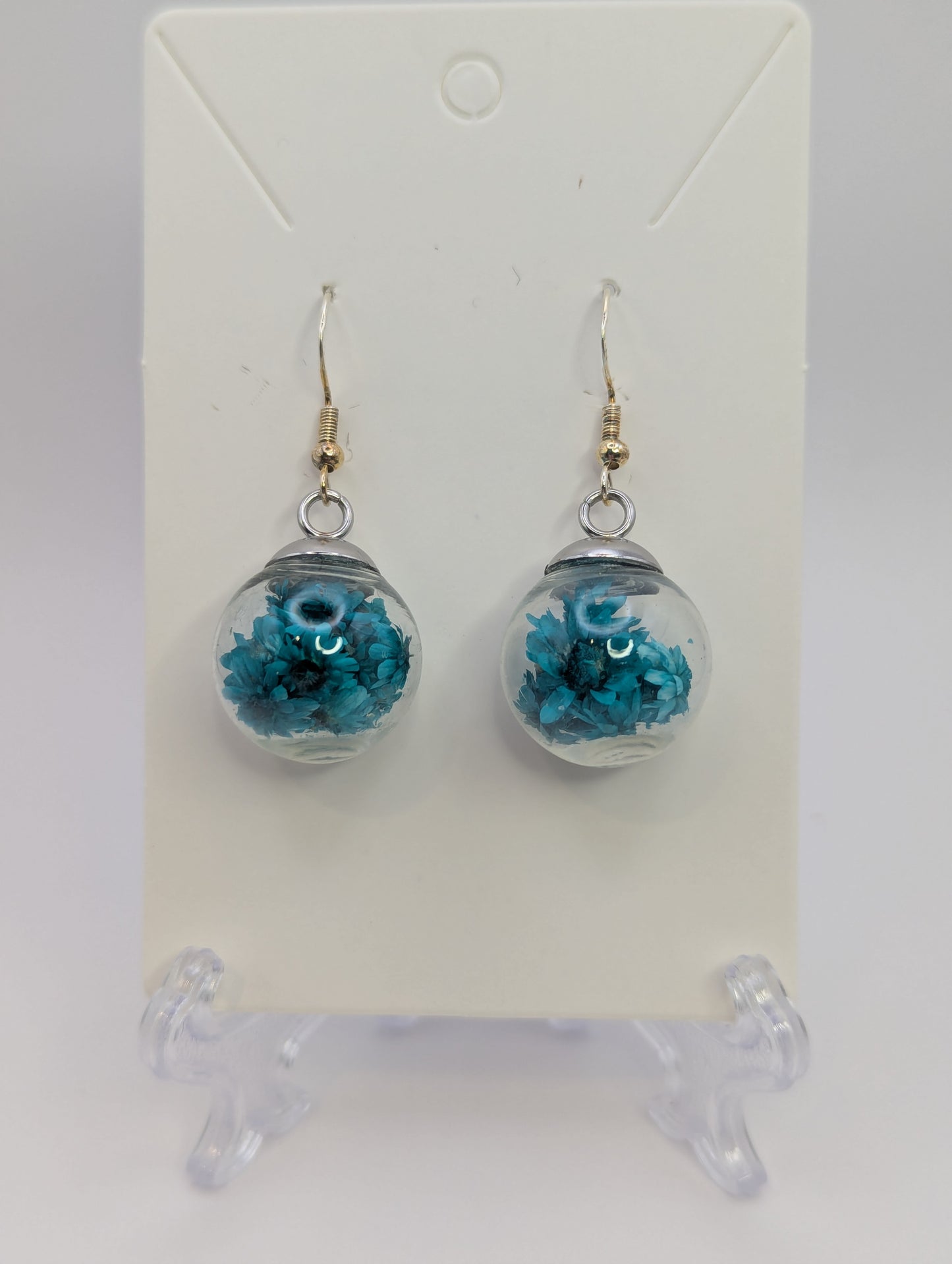 Teal Dried Bloom Large Globe Earrings
