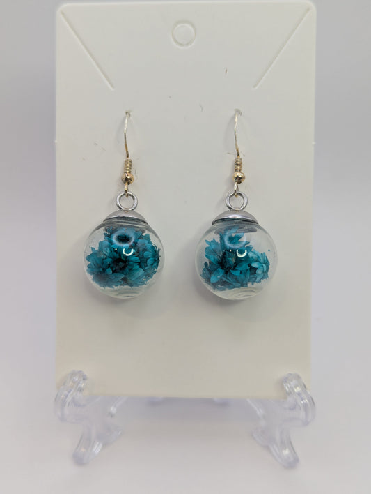 Teal Dried Bloom Large Globe Earrings