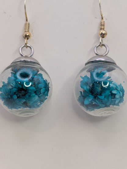 Teal Dried Bloom Large Globe Earrings