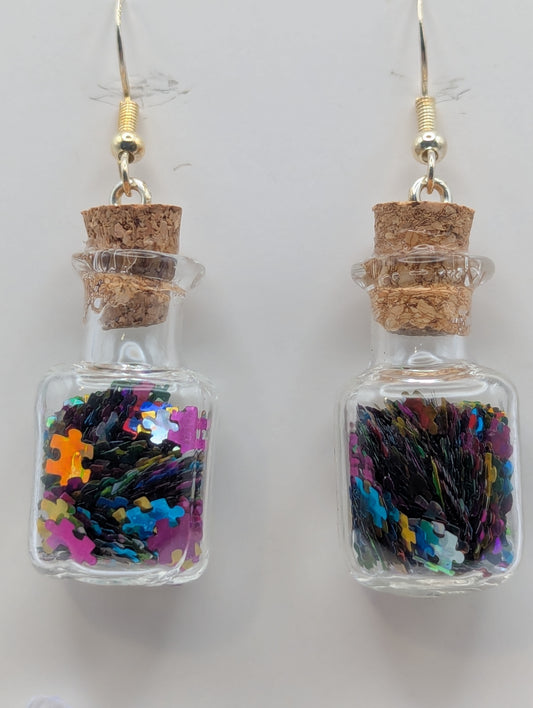 Autism Awareness Puzzle Pieces Glitter Vial Earrings