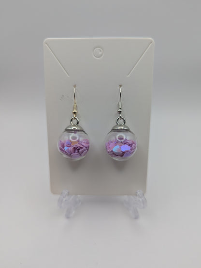 Pink Heart Glitter Globe Earrings