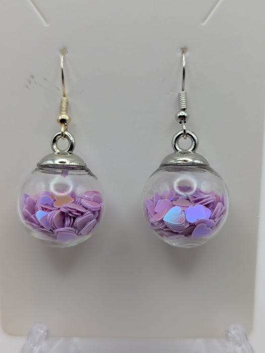 Pink Heart Glitter Globe Earrings