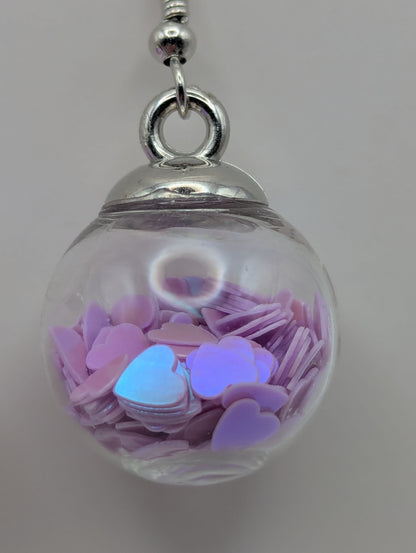 Pink Heart Glitter Globe Earrings