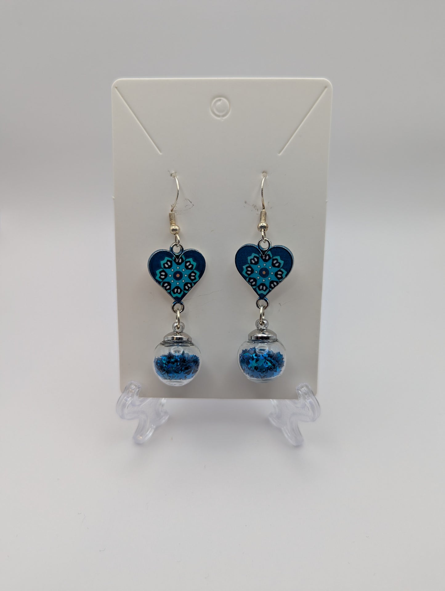 Blue Heart and Glitter Globe Earrings