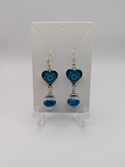 Blue Heart and Glitter Globe Earrings