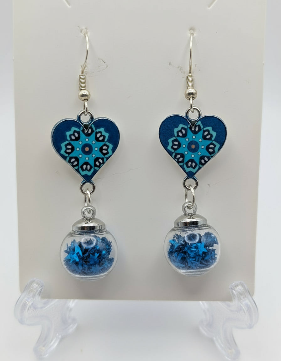 Blue Heart and Glitter Globe Earrings
