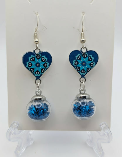 Blue Heart and Glitter Globe Earrings
