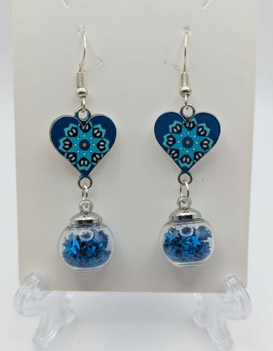 Blue Heart and Glitter Globe Earrings