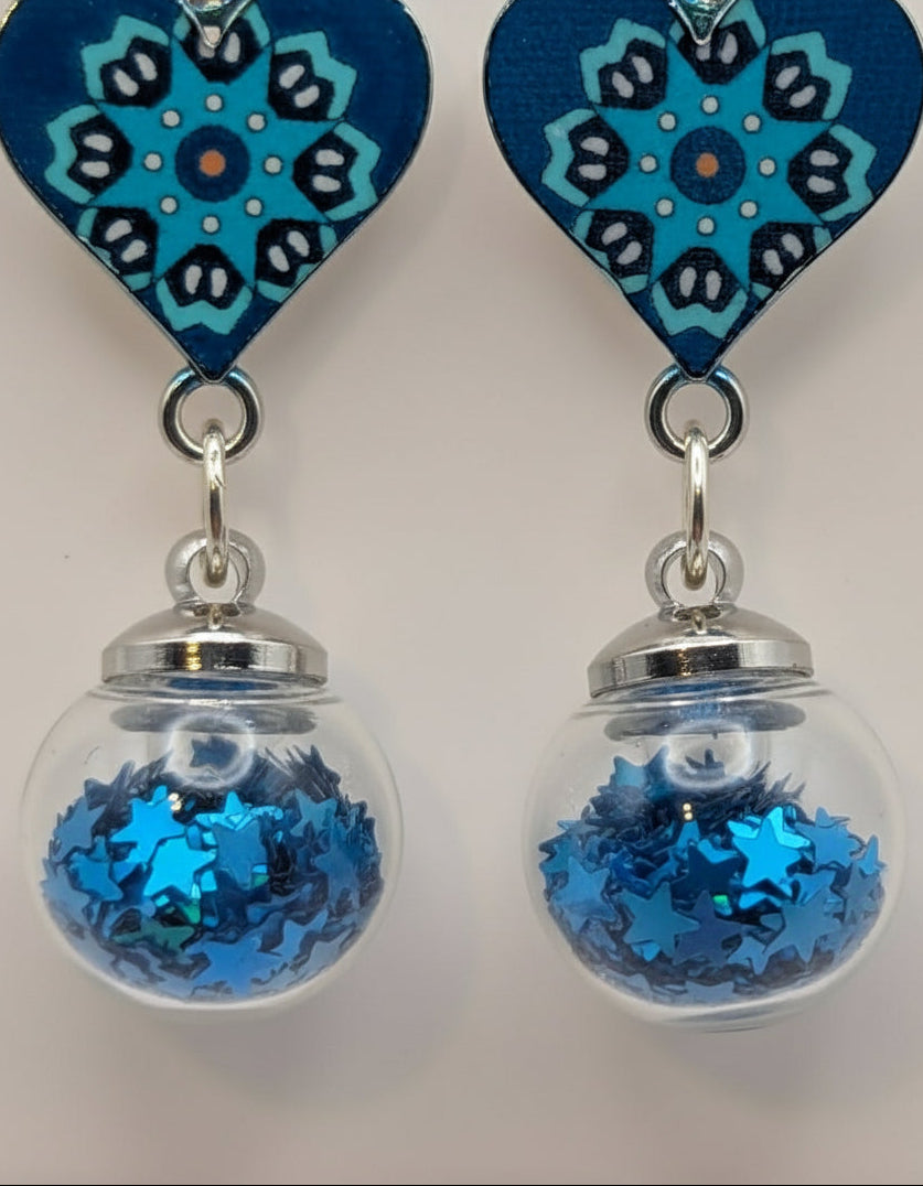 Blue Heart and Glitter Globe Earrings
