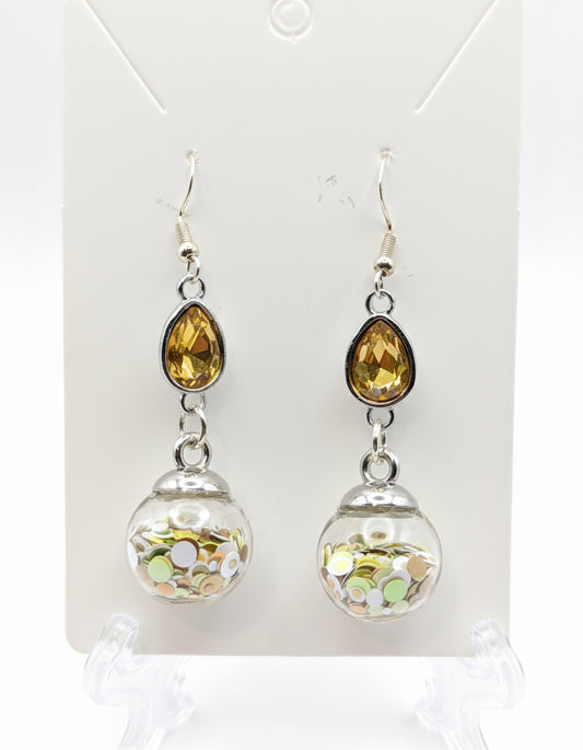 Golden Rhinestone & Yellow Dimensional Glitter Earrings