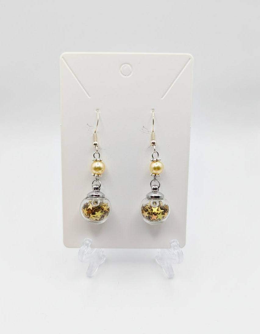 Yellow Pearl & Gold Glitter Globe Earrings