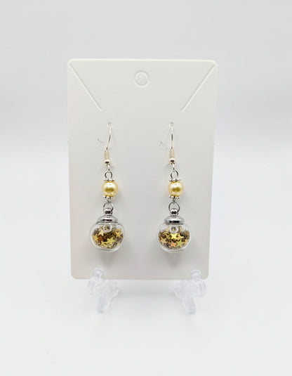 Yellow Pearl & Gold Glitter Globe Earrings
