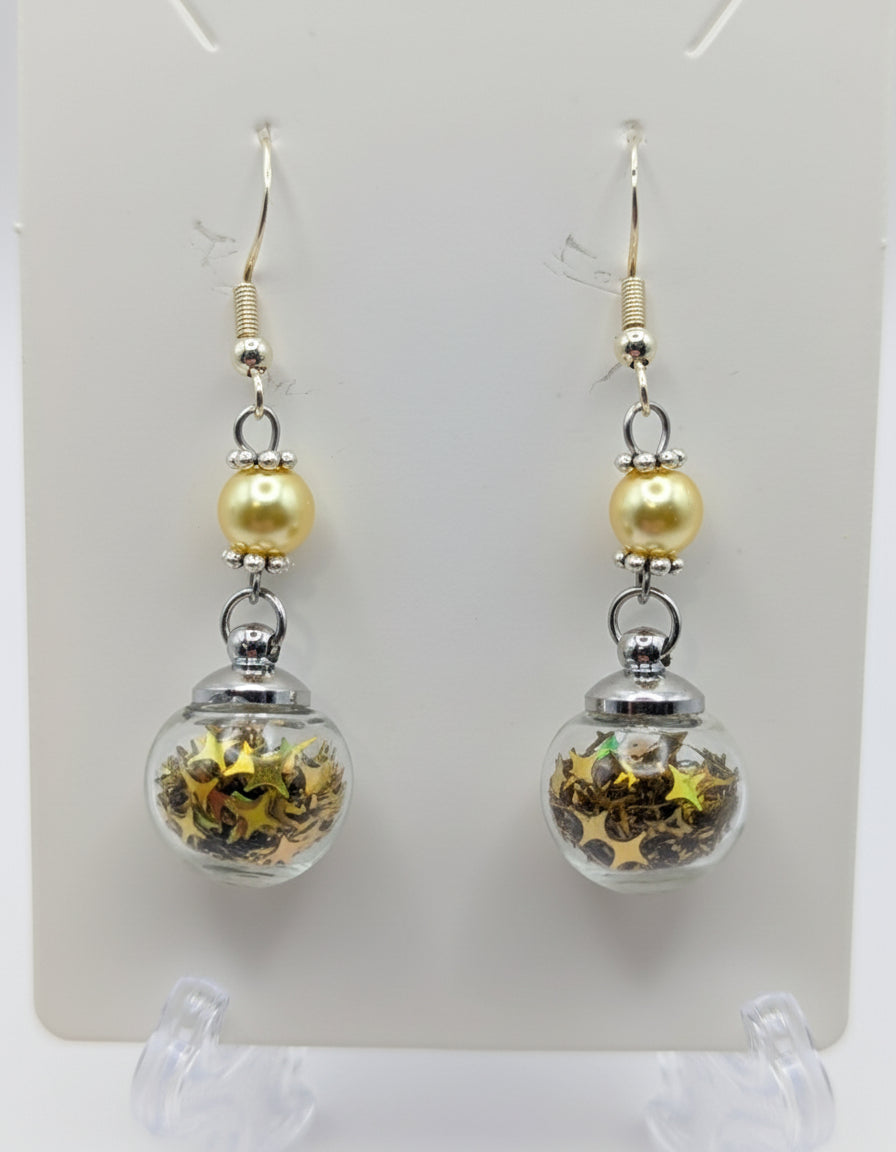 Yellow Pearl & Gold Glitter Globe Earrings