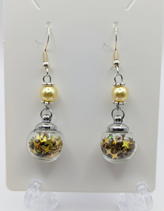 Yellow Pearl & Gold Glitter Globe Earrings