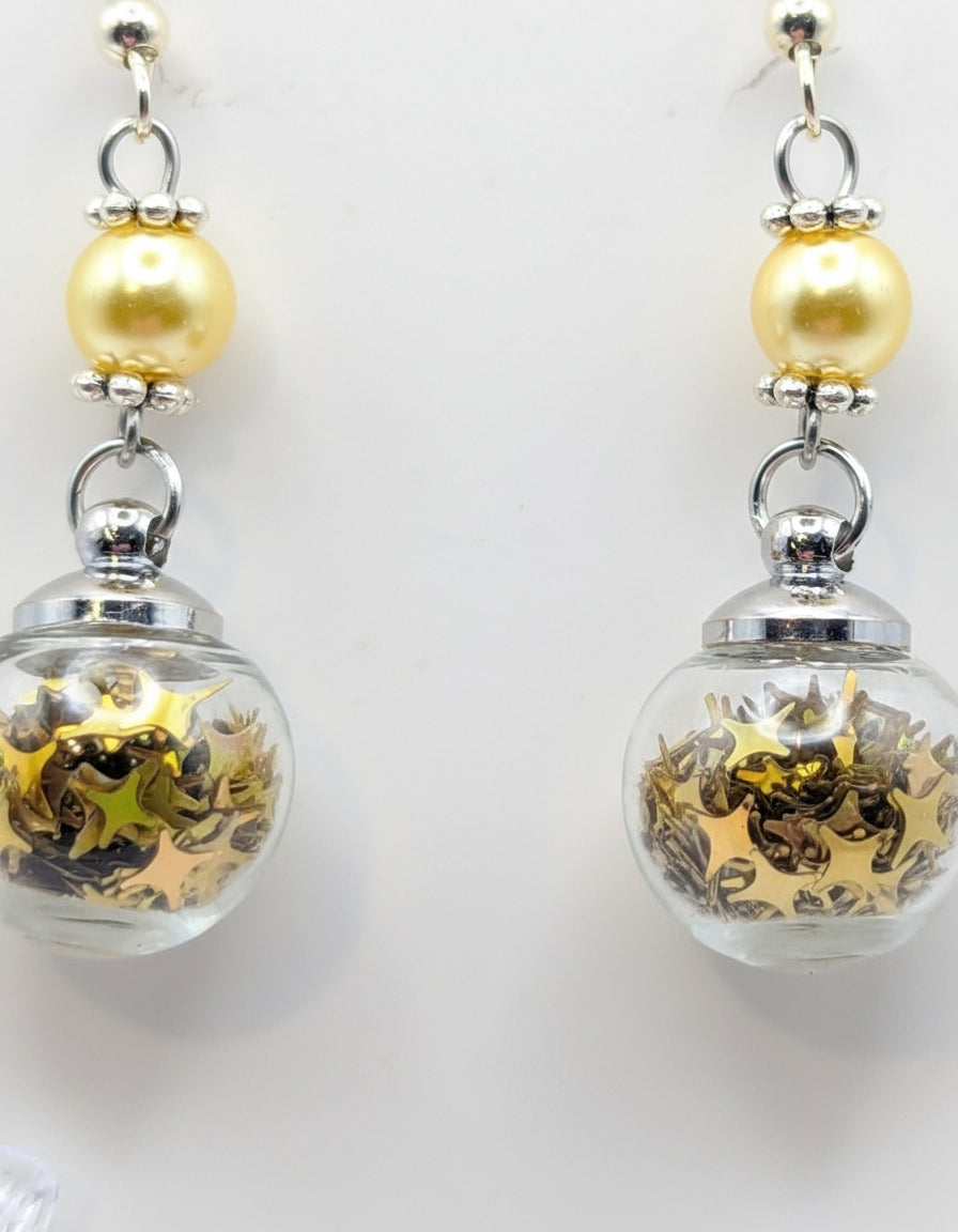 Yellow Pearl & Gold Glitter Globe Earrings