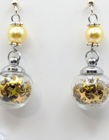 Yellow Pearl & Gold Glitter Globe Earrings