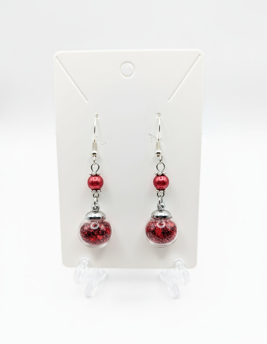 Red Pearl & Glitter Globe Earrings