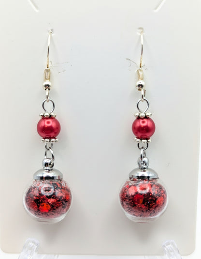 Red Pearl & Glitter Globe Earrings