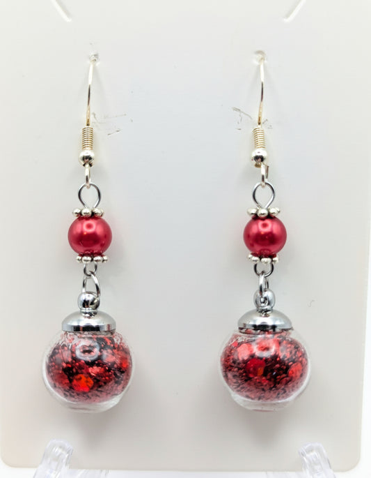 Red Pearl & Glitter Globe Earrings