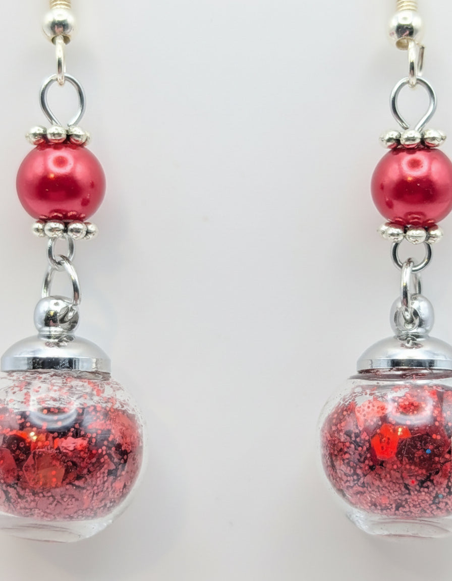 Red Pearl & Glitter Globe Earrings