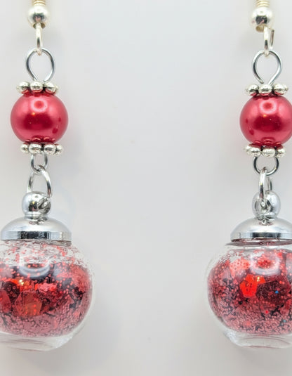 Red Pearl & Glitter Globe Earrings
