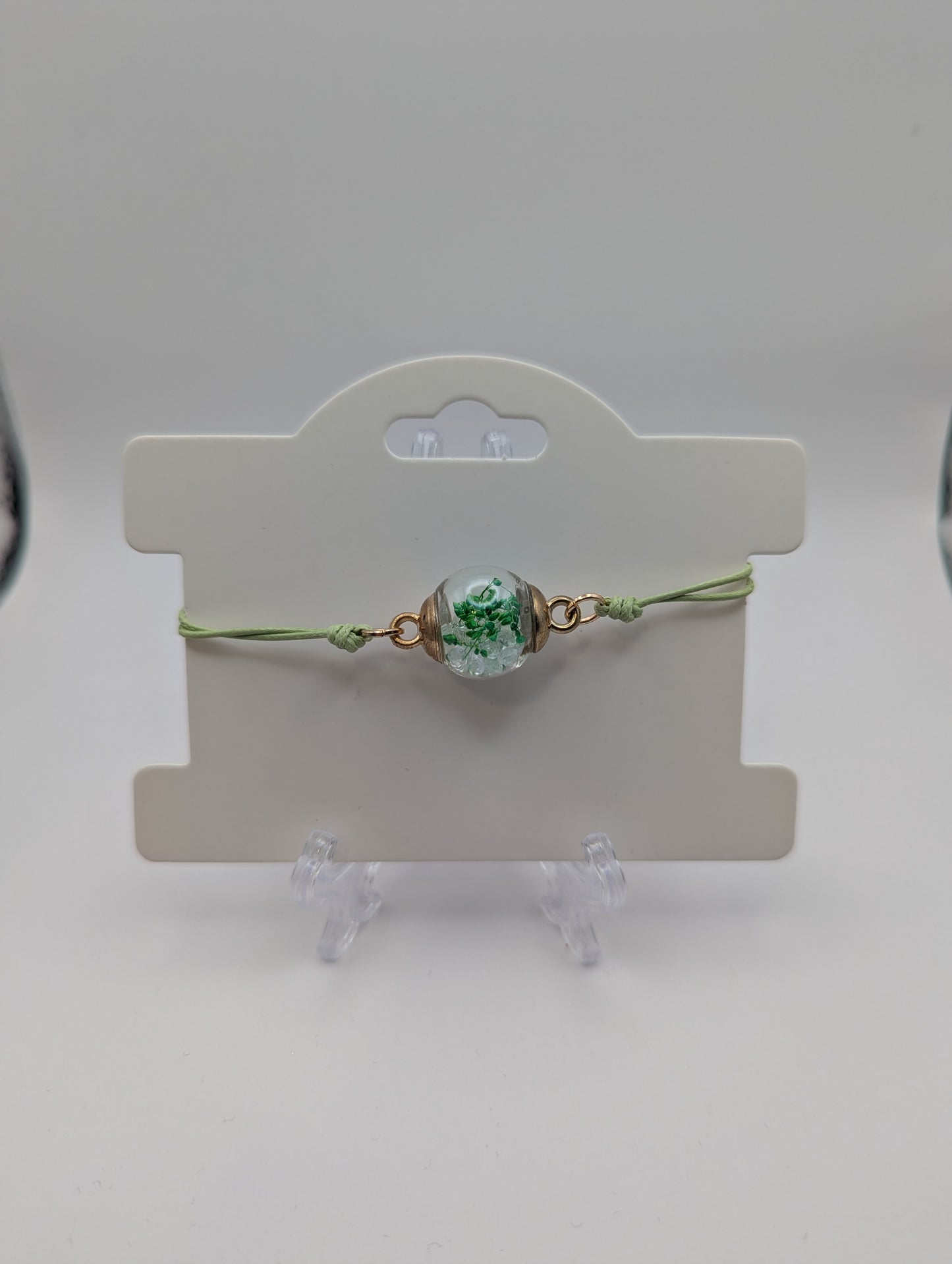 Light Green Flower & Rhinestone Globe Bracelet on Adjustable Cord