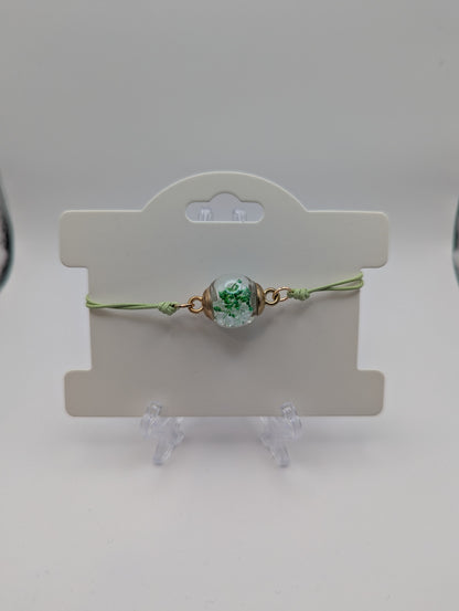 Light Green Flower & Rhinestone Globe Bracelet on Adjustable Cord
