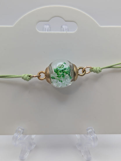 Light Green Flower & Rhinestone Globe Bracelet on Adjustable Cord