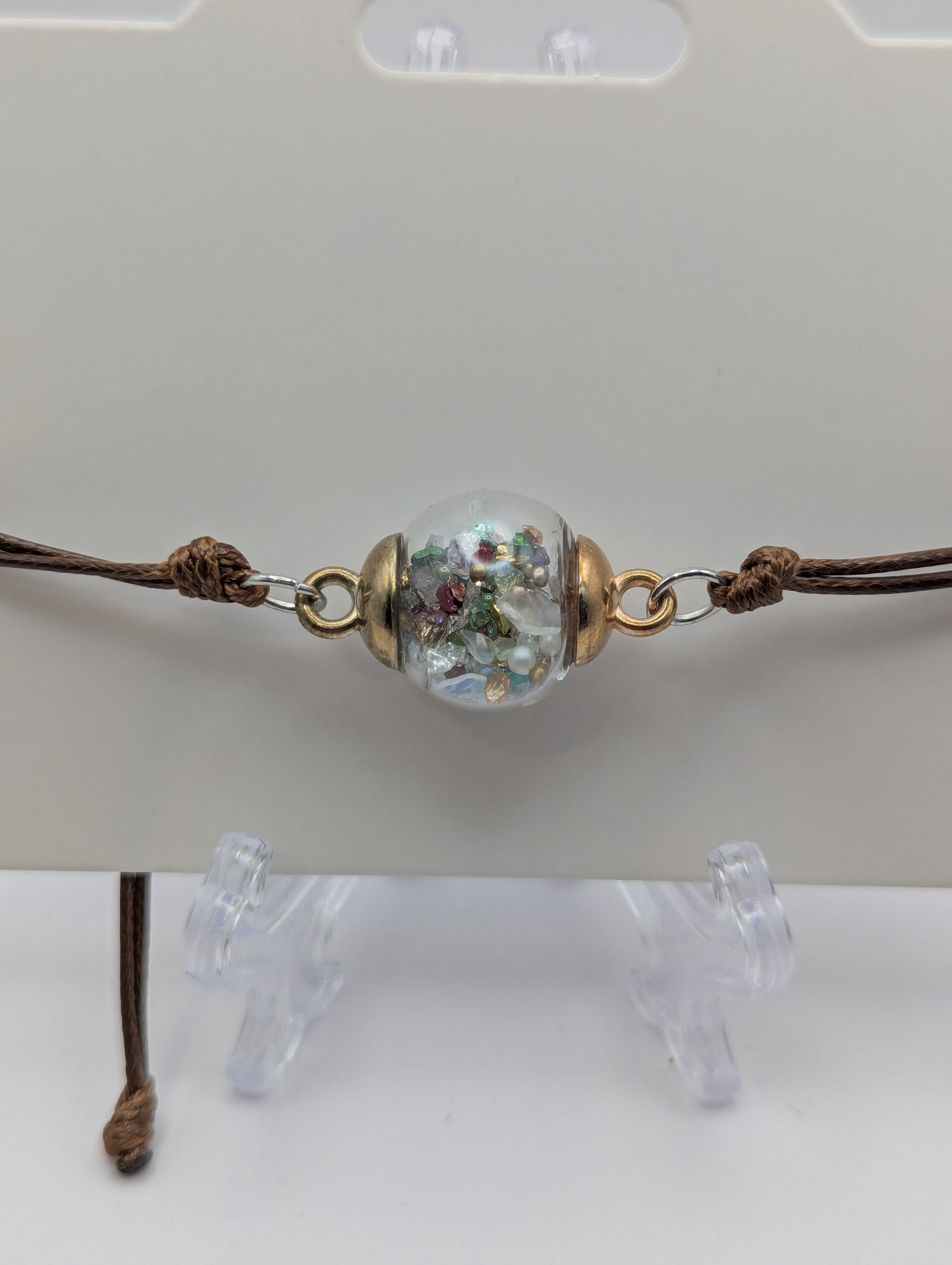 Multicolor Stone Flecks Globe Bracelet on Adjustable Brown Nylon Cord