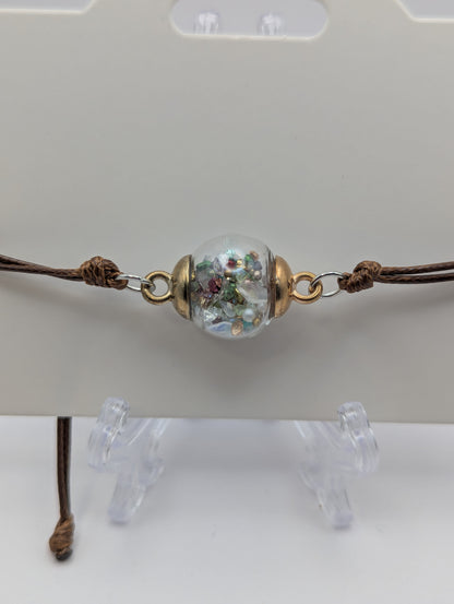 Multicolor Stone Flecks Globe Bracelet on Adjustable Brown Nylon Cord