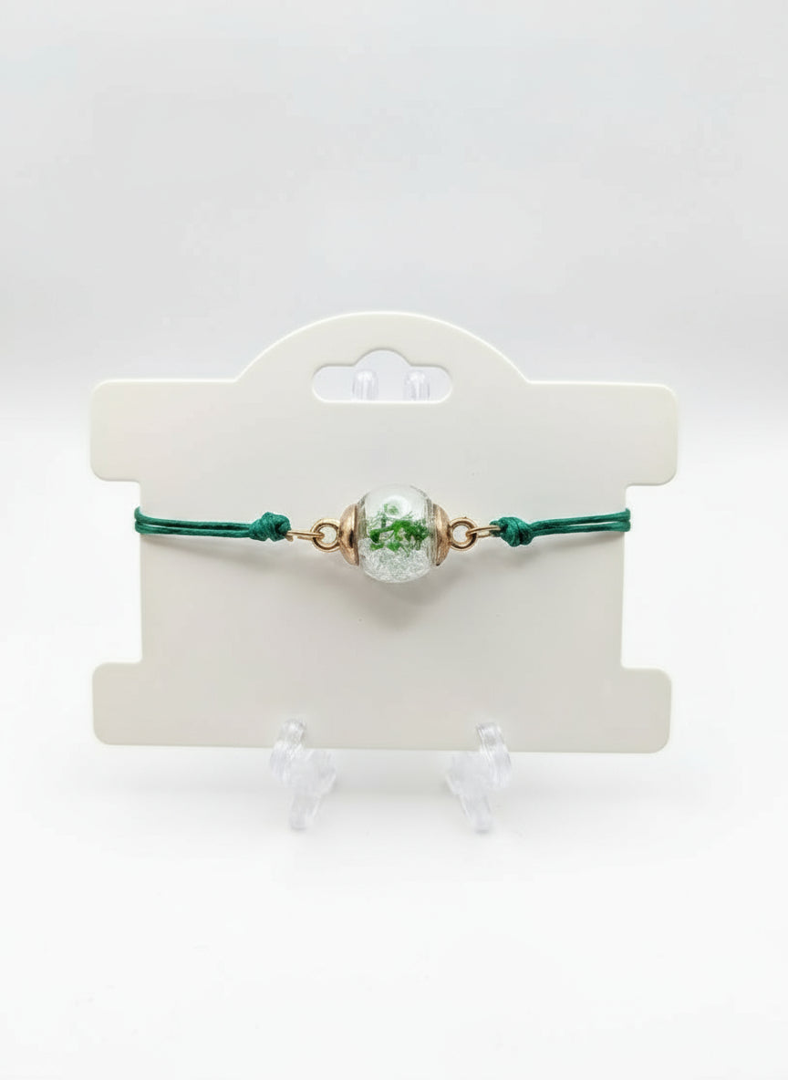 Green Flower & Rhinestone Globe Bracelet on Adjustable Cord