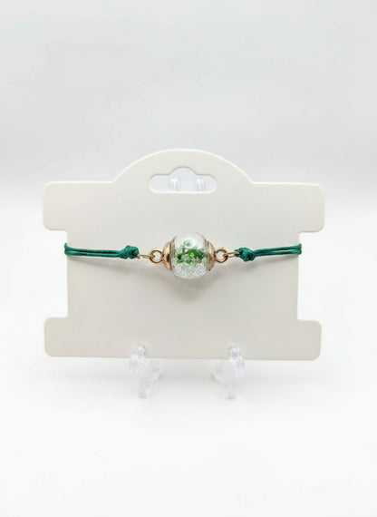 Green Flower & Rhinestone Globe Bracelet on Adjustable Cord