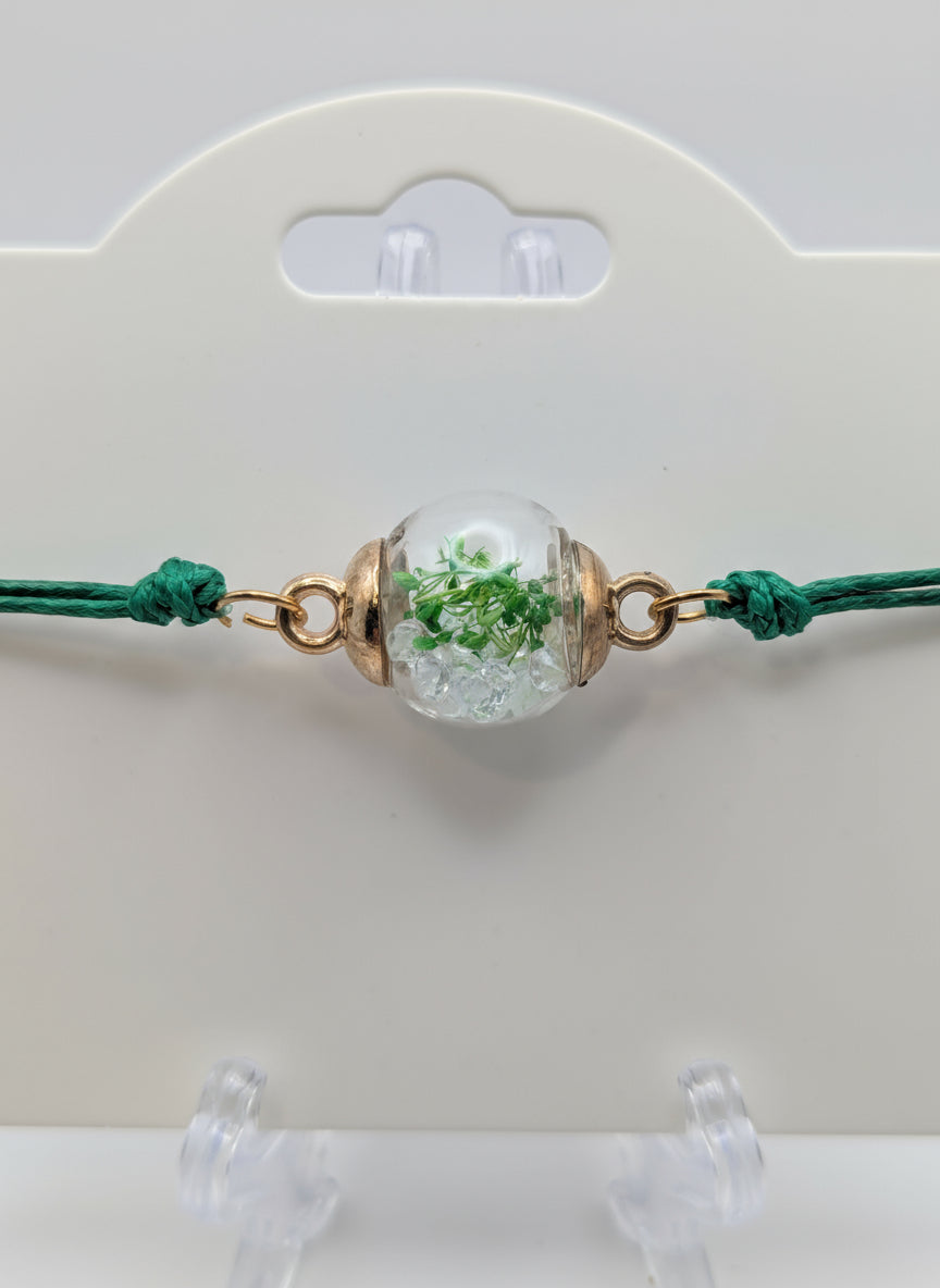 Green Flower & Rhinestone Globe Bracelet on Adjustable Cord