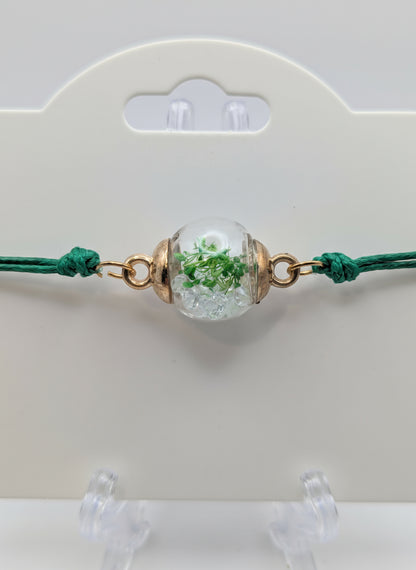 Green Flower & Rhinestone Globe Bracelet on Adjustable Cord