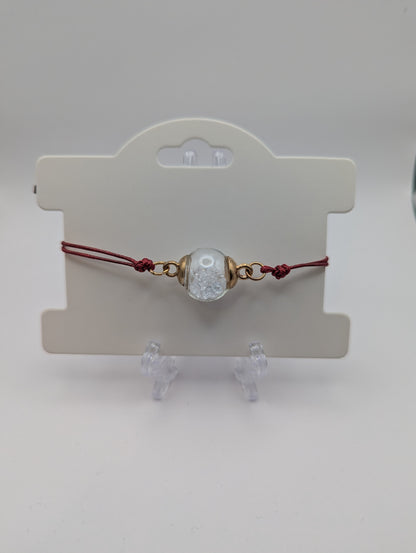 White Rhinestones Globe Bracelet on Maroon Nylon Cord